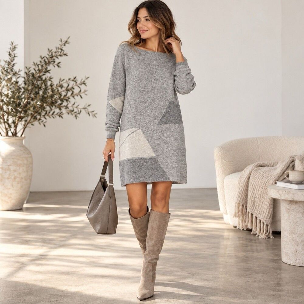 Vince XL Gray Cream Geometric Wool Cashmere Knit Sweater Dress Colorblock